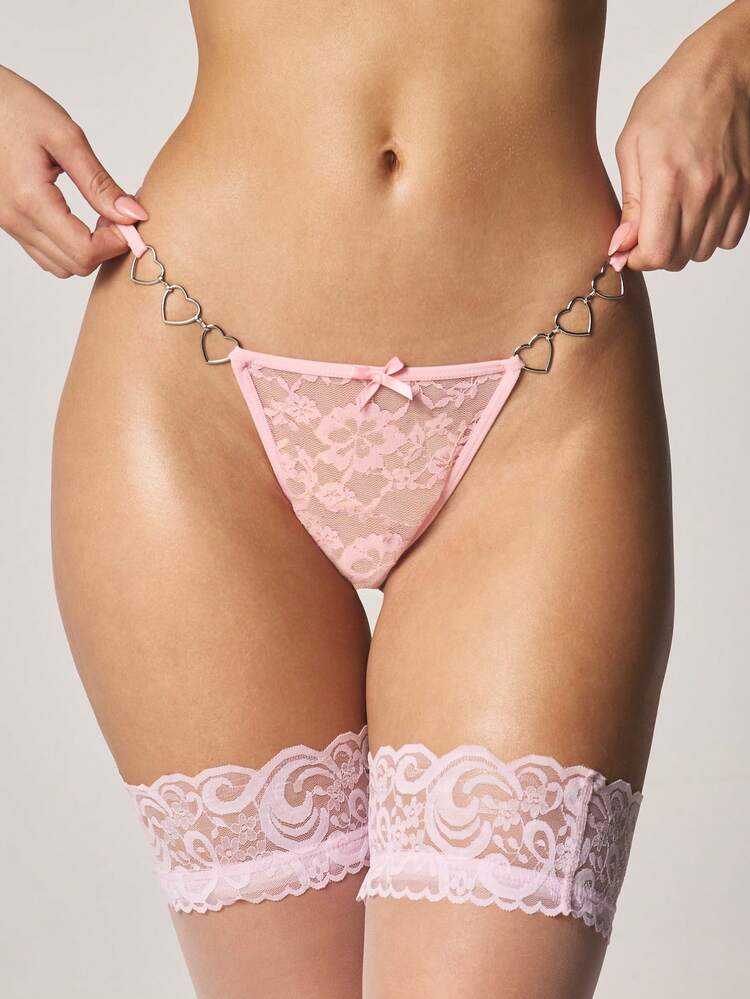 MISSGUIDED Heart Chain Detail Lace Thong With Floral Pattern And Bow Accent Intimate Underwear