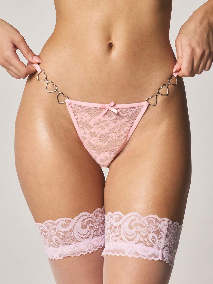 MISSGUIDED Heart Chain Detail Lace Thong With Floral Pattern And Bow Accent Intimate Underwear - Pink - View 1