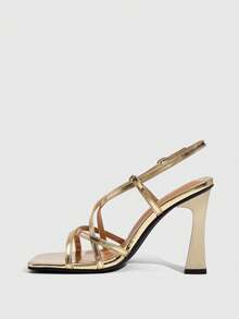 CUCCOO SZL Giày sandal cao gót mũi vuông quai chéo bằng kim loại vàng, kiểu dáng thanh lịch Pháp, thích hợp cho các bữa tiệc, đi làm hoặc dự tiệc. - Vàng - Xem 4