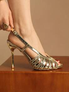 Rosivie Women's Roman High Heel Sandals, Thick Heel Open Toe Lace-Up Rivet Design, Leather Material, Suitable For Party, Club, Versatile High Heel Sandals - Gold - View 6