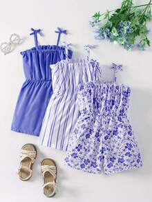 SHEIN Elladie kids Combinaison décontractée pour jeune fille avec motifs floraux, rayures et couleurs unies - Bleu azur - Voir 2
