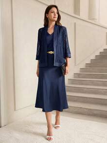 Miaspire This Elegant Two-Piece Women's Set Features A Deep Navy Blue Base, With The Combination Of Lace Texture And Matte Fabric Exuding A Touch Of Understated Luxury. The Floral Pattern Is A Delicate, Subtle Lace Design, Revealing A Gentle And Refined Temperament In Its Understated Details. The Silhouette Consists Of A Loose-Fitting Lace Cardigan And A Fitted V-Neck Vest. The Lightweight Fabric Is Versatile Enough For Various Occasions, And The Layering Design Balances Warmth And Style.Suitable For Spring And Autumn, And Suitable For Commuting, Casual Gatherings, Or Relaxing Afternoon Tea, This Set Conveys A Composed Style With Its Navy Blue Base And Showcases Elegant Fashion Sense With Its Lace Details. It's A Versatile And Stylish Choice For Any Two-Season Wardrobe. - Navy Blue - View 4