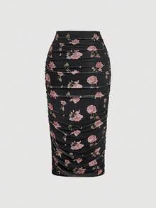 SHEIN MOD Fustă midi vintage neagră cu imprimeu, pliuri – perfectă pentru vacanță, întâlniri, picnic, petrecere, bal, festival și ziua de naștere; stil vintage romantic. - Negru - Vizualizare 2