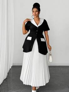 Maweii 春夏秋季优雅度假修身黑白撞色短袖上衣搭配百褶裙套装，时尚设计，办公、通勤、日常穿着必备，大码可选 - 黑與白 - 查看 4