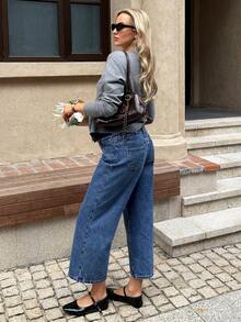 SHEIN Jeans premaman a vita elastica, ampi, in colore unito, con tasche, versatili, adatti per primavera-estate, San Valentino, carnevale, pendolarismo, vacanze, laurea, stile Y2K carino, feste, matrimoni, eleganti e casual, comodi, taglie comode, in misto cotone traspirante e vestibilità morbida per donne in gravidanza - Blu - Visualizzare 2