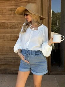 SHEIN Maternity Casual Washed Denim Shorts For Women,Light Blue Cotton Blend Summer Breathable Shorts With Elastic Waist Drawstring And Rolled Hem,Chic Y2k - Blue - View 4