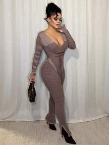 Dayanna Comas Low Neckline Corseted Waist Knit Jumpsuit - Coffee Brown - View 4