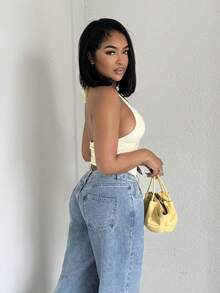 Alexandranx Fashionable Sexy Halter Tie-Up Twisted Hem Slit Open Back Camisole - Yellow - View 4