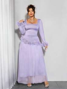 Elenzga Đầm dài ngang gối thanh lịch màu tím hoa văn phối ren và lưới dành cho nữ cỡ lớn, thích hợp cho ngày Valentine, thiết kế tay dài độc đáo, phù hợp để mặc nhiều lớp vào mùa đông, đi du lịch, nghỉ dưỡng và dự tiệc cưới lãng mạn. - Màu tím hoa cà - Xem 1