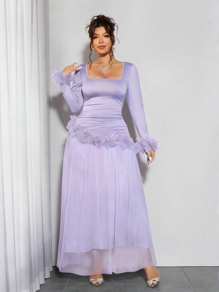 Elenzga Đầm dài ngang gối thanh lịch màu tím hoa văn phối ren và lưới dành cho nữ cỡ lớn, thích hợp cho ngày Valentine, thiết kế tay dài độc đáo, phù hợp để mặc nhiều lớp vào mùa đông, đi du lịch, nghỉ dưỡng và dự tiệc cưới lãng mạn. - Màu tím hoa cà - Xem 1