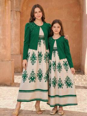 Set de 2 piezas Conjunto tradicional árabe para adolescentes, vestido largo elegante con estampado floral geométrico de tirantes finos y chaqueta de punto de manga corta abullonada con decoración de perlas, adecuado para primavera/otoño y aire acondicionado de verano