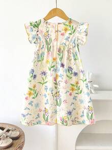 SHEIN Vintaside Kids 女童春夏新款连衣裙，梭织纹理面料，可爱兔子数码印花图案，正面蝴蝶结装饰，无袖修身A字圆领连衣裙，适合可爱、俏皮、淑女的休闲穿着，日常、上学、外出、度假、派对等场合皆宜。迷人的女童黄色碎花印花短款A字下摆复活节连衣裙，带有荷叶边细节。迷人的儿童圆领荷叶袖黄色涤纶连衣裙，可爱植物图案，宽松短款荷叶边下摆，适合春季穿着。优雅的派对连衣裙。 - 黃色 - 查看 2