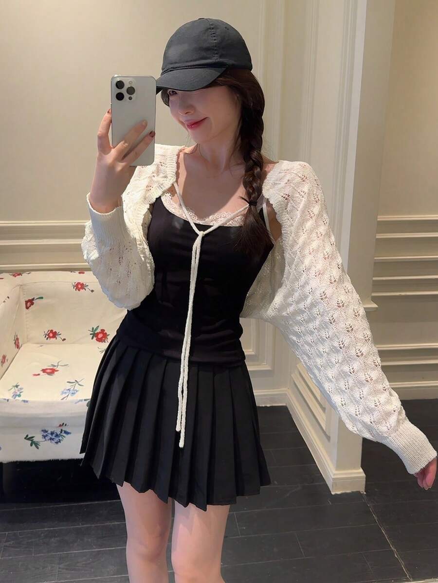 DAZY 女士纹理长袖开衫，百搭韩式针织上衣 - 白色 - 查看 1