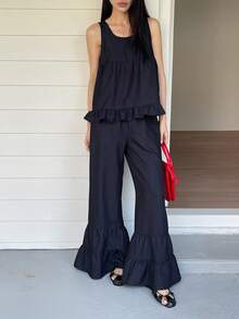 DAZY 女士休闲荷叶边无袖上衣和裤子两件套 - 藏蓝色 - 查看 6