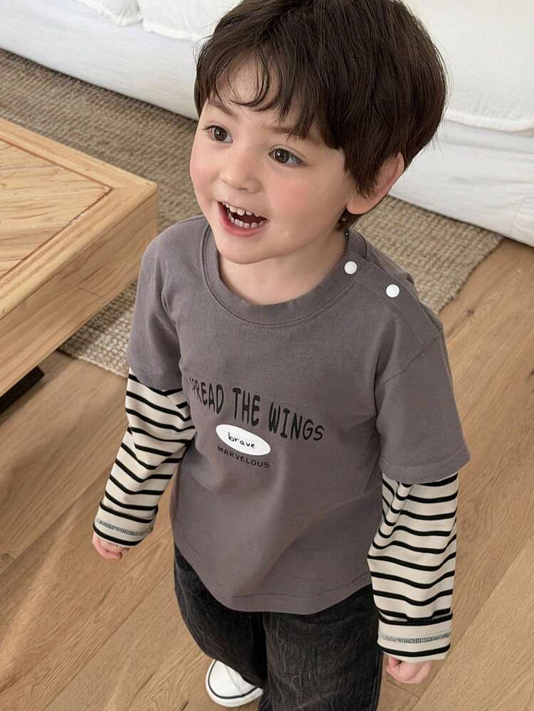 Toddler Boys' Round Neck 2 In 1 Korean Style Long Sleeve Top, Spring/Summer