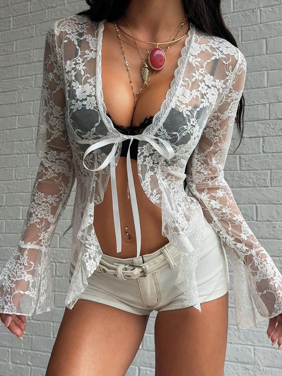 Jeanoix 女士性感蕾丝绷带露脐上衣 - 白色 - 查看 1