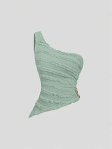 Sweetra 性感穿搭 - 不对称肩部上衣 + 荷叶边迷你裙 - 薄荷綠 - 查看 3