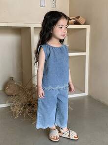DAZY 2件套女婴水洗浅色韩版衬衫和宽松休闲牛仔裤套装 幼儿女童服装 - 藍色 - 查看 7