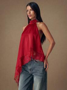 SHEIN BAE 优雅蕾丝拼接露背吊带背心，性感缎面无袖上衣，适合派对、鸡尾酒会、正式场合、圣诞节、商务休闲等场合。 - 紅色 - 查看 5