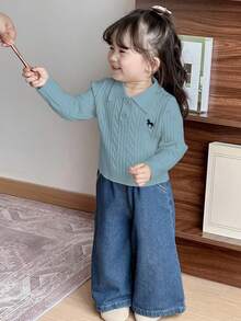 DAZY Toddler Girls' Solid Color Minimalist Everyday Polo Neck Long Sleeve Sweater - Blue - View 5