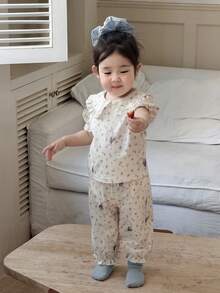 DAZY 2pcs Baby Girls' Peter Pan Collar Cartoon Print Long Sleeve T-Shirt & Ruffle Trim Pants Comfortable Homewear Set, Korean Style Toddler Girls Clothes - Beige - View 3