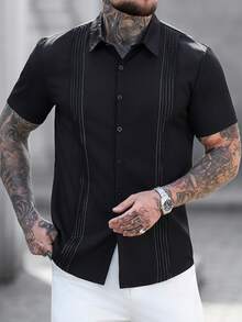 Manfinity CasualCool Camisa casual de manga corta con botones delanteros para hombre, verano - Negro - Ver 8
