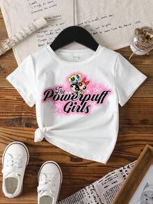 THE POWERPUFF GIRLS X SHEIN 年轻女孩休闲日常通勤百搭可爱卡通字母星星印花短袖白色T恤 - 白色 - 查看 7