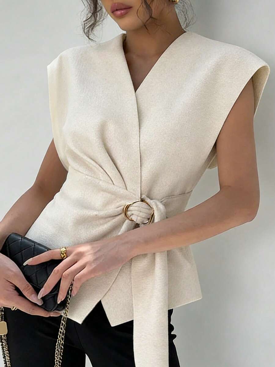 Elenzga 女士不对称系带无袖束腰外套，休闲日常穿着，时尚办公着装，春夏款 - 杏色 - 查看 1