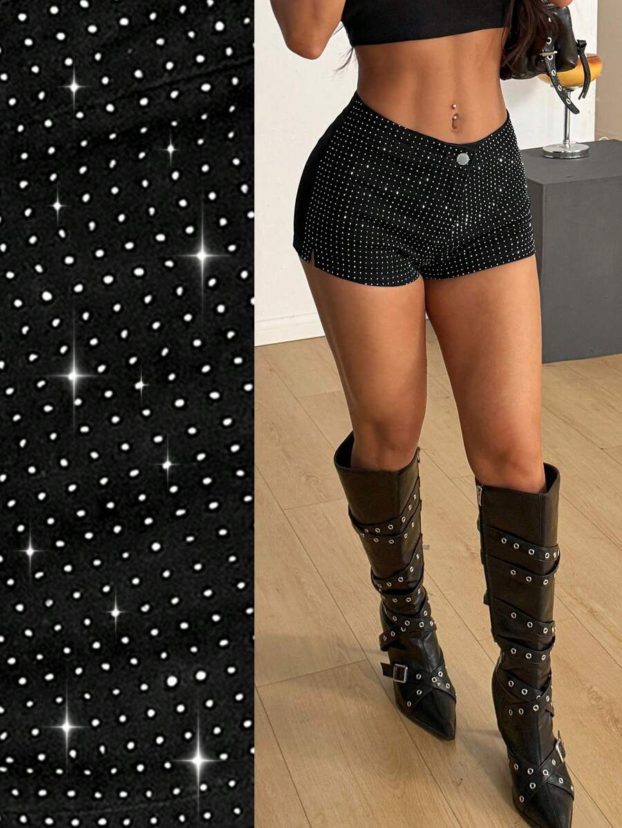 SHEIN PETITE Spring To Summer Women's Rhinestone Embellished Skinny Fashionable Versatile Denim Shorts - Black - View 1
