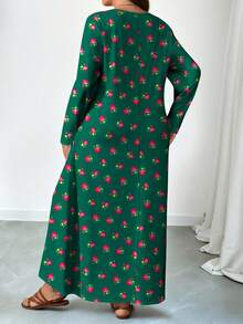 Lacomfia Abito lungo a maniche lunghe con scollo a V, stampa floreale e vegetale, con tasche e orlo a campana, per primavera/estate, taglie comode - Multicolore - Visualizzare 2