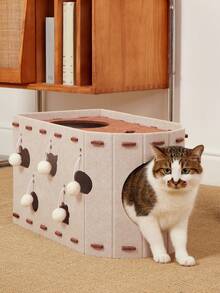 PETSIN 1 Piece Size 52x30x30 Scratch-Resistant Non-Shedding Double-Layer Design 2 In 1 Cat Bed With Scratching Post Sturdy Construction Anti-Bottom Easy To Assemble Reusable Felt Material Neutral Gray And Black Cat House New Pet Bed For Cats Ideal For Cat Owners As A Christmas Gift - Multicolor - View 1