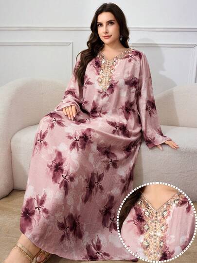 Al Najma Plus Size Women's Floral Print V-Neck Long Sleeve Turkish & Arabic Traditional Maxi Dress