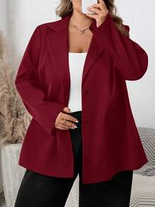 SHEIN CURVE+ Áo blazer nữ cỡ lớn màu trơn cổ ve áo tay dài kiểu dáng công sở thường ngày - Màu Đỏ Sâu - Xem 6