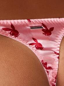 Missguided x Playboy Cheeky Thong Bikini Bottom With Bunny Logo Print High Cut Brazilian Style String Swimwear For Beach Pool Summer Vacation - Multicolor - View 4