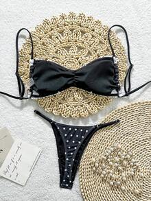 Swim Mod Women's 2pcs Polka Dot Print Bikini Set, Sexy Sweet Romantic Beach Party Swimsuit For Spring/Summer - Black - View 2