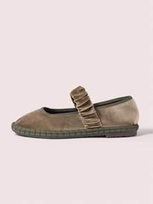 CUCCOO DOLLMOD Zapatos planos de estilo Mary Jane de terciopelo plisado elástico naranja brillante, elegantes y cómodos para mujer - Caqui / Verde - Ver 9