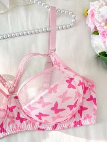 PetitDoll Bộ 2 áo ngực cỡ lớn in hình bướm, chất liệu lụa sữa, có đệm mút, ngọt ngào và dễ thương, thích hợp cho ngày Valentine. - Hồng - Xem 5
