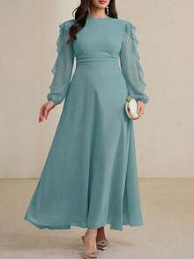 Modelyn Long Round Neck Ruffle Sleeve Black Dress - Blue - View 1