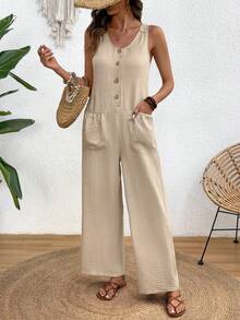 SHEIN Holidaya 女士休闲度假舒适外套，亚麻花卉拼接宽松阔腿连体裤，春夏款 - 杏色 - 查看 7