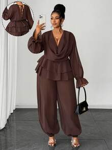 Maweii 优雅性感深V领透视露背长袖上衣搭配九分裤套装，高端精致设计，棕色，适合春、夏、秋季、度假穿着，大码尺码 - 棕色 - 查看 2