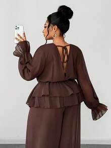 Maweii 优雅性感深V领透视露背长袖上衣搭配九分裤套装，高端精致设计，棕色，适合春、夏、秋季、度假穿着，大码尺码 - 棕色 - 查看 7