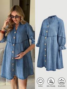 SHEIN Maternity Casual Washed Front Button Notched Neck Denim Dress Spring To Summer Valentine's Day Carnival Costume Commuting Vacation Graduation Chic Y2k Cute Streetwear Coquette Party Wedding Elegant Business Casual Woman Chic Women's Denim Swing Dress V Neck Button Front Maternity Style With 3 4 Gathered Sleeves - Blue - View 9