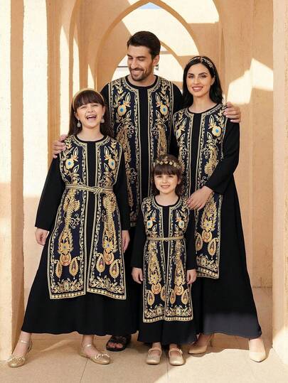 Sparklyn Tween Girls Spring/Autumn Dress With Digital Print Patchwork Design, Black Long Sleeve Round Neck Dress With Gold Digital Print Pattern Waist Belt, Suitable For Girls' Daily Wear, School, Outings, Parties, New Year Celebrations, Elegant Holiday Outfit Black Gown For Girls Kids Dresses For Girls Black Girls Islamic Dresses Kids Black Abaya Long Dresses For Girls Islamic Dresses For Girls Family Matching Dresses Abaya Sets Girls Abayas For Kids