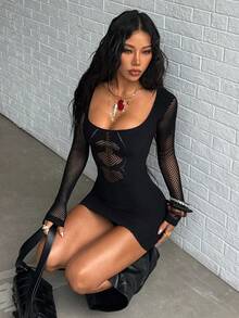 SHEIN Jeanoir 女士性感黑色长袖迷你紧身连衣裙 - 黑色 - 查看 5