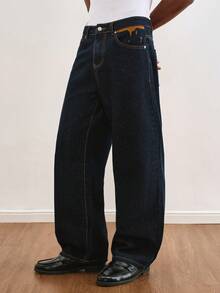 TOKVUE Men's Fashionable Street Style Embroidery Design Casual Washed Straight Leg Loose Jeans Men Wide Leg Jean Dark Wash Jeans Mens Jeans - Dark Wash - View 2