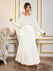 Cravure 大码女式亮片腰身美人鱼长裙，长袖纯色长裙；大码女式闪亮披肩优雅正式礼服，适合舞会、婚礼宾客、生日、毕业典礼、节日派对等场合 - 杏色 - 查看 4