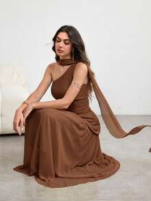 Modelyn 女士不对称荷叶边下摆无袖连衣裙，配围巾领，优雅迷人，春夏款 - 棕色 - 查看 4