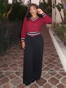 Tyla Gomez Color Block V-Neck Casual Women Sweater,Long Sleeve Tops Fall - Burgundy - View 6