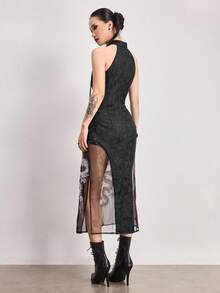 ROMWE Avant Spring/Summervalentine's DaygraphicChinese Style Water Drop Collar Dragon Embroidery Slit Sexy Dress - Black - View 2