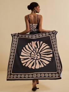 SHEIN Veneréa 女士夏季度假黑色优雅金属装饰连体泳衣及长裙两件套泳衣，沙滩装 - 彩色 - 查看 2